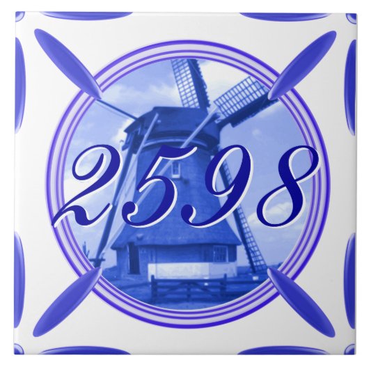Deurnummer Holland Windmill Delft Blue Gedrukt Tegeltje (Voorkant)