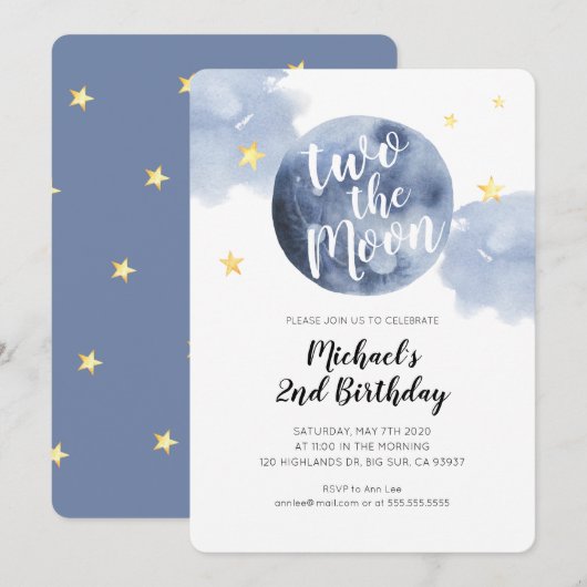 Deux à la Lune Invitation d'anniversaire de 2 ans (Devant / Derrière)