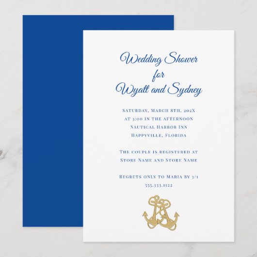 Deux Ancres d'or Nautical Shower Invitation (Devant / Derrière)