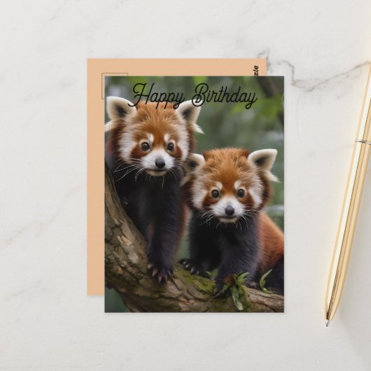 Deux bébés pandas roux, carte de vœux d'anniversai (Devant/Arrière en situation)