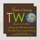 "DEUX" Boy Second Birthday Party Photo Invitations (Devant / Derrière)