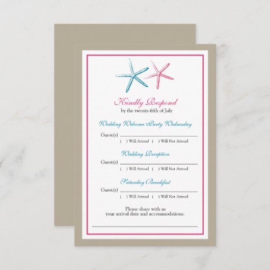 Deux cartes Peacock Starfish et RSVP rose (Devant / Derrière)