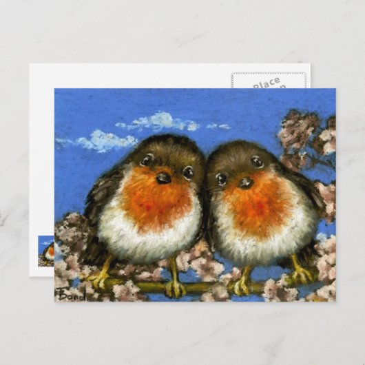 Deux cartes postales de rouges-gorges par Tanya Bo (Devant / Derrière)