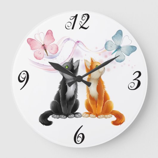 Deux chats et papillons Horloge murale (Recto)
