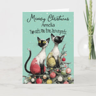 Deux chats siamois sur une carte de Noël d'arbre d