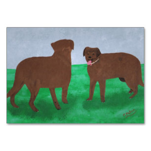 Deux chiens bruns lisant des cartes de poche pour