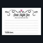 Deux Coeurs Date Jar Idées Mariage Cartes<br><div class="desc">Ces cartes jar de date élégantes seront l'ajout parfait à votre réception de mariage ou douche nuptiale. Le design comporte une bordure noire tourbillonnant avec un coeur prune violet au-dessus. Le texte à l'intérieur est "Date Jar" dans une police de script noir amusant et "partager votre meilleure idée de date"...</div>