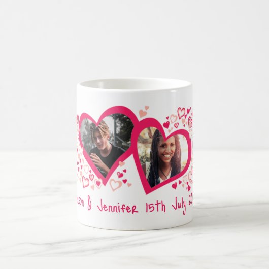 Deux coeurs nom date mariage photo rose rouge mug (Centre)