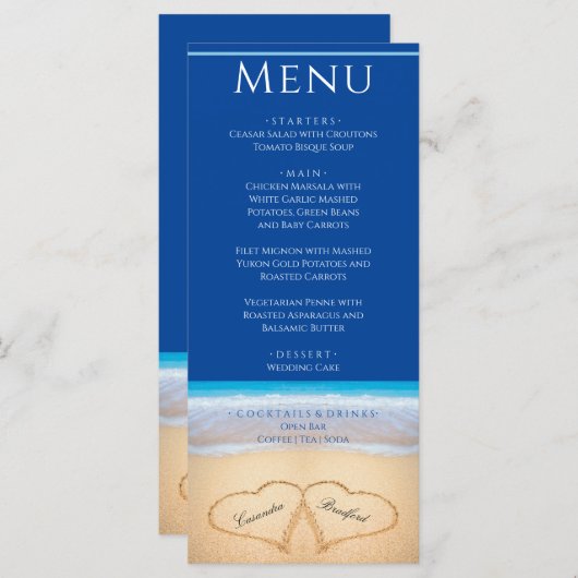 Deux coeurs sur le Beach Wedding Dark Blue Menu (Devant / Derrière)