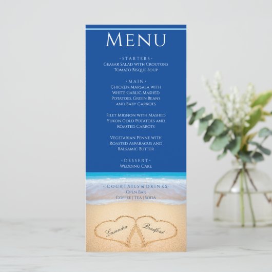Deux coeurs sur le Beach Wedding Dark Blue Menu (Debout devant)