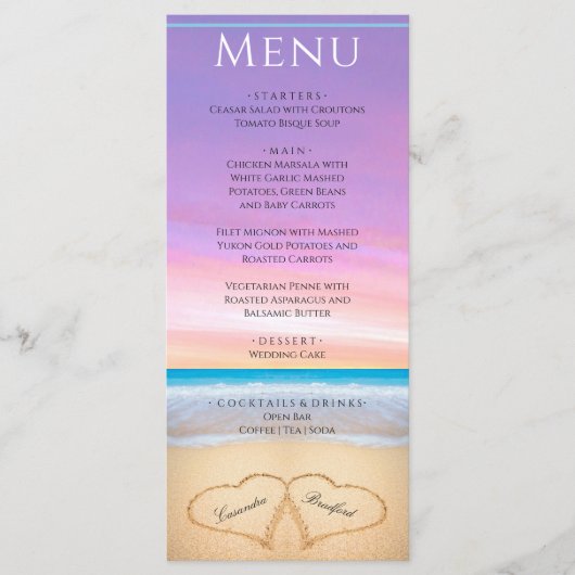 Deux coeurs sur le Beach Wedding Purple Pink Menu (Devant)