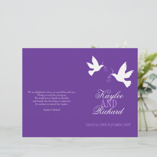 Deux colombes blanches ruban violet programme de m (Debout devant)