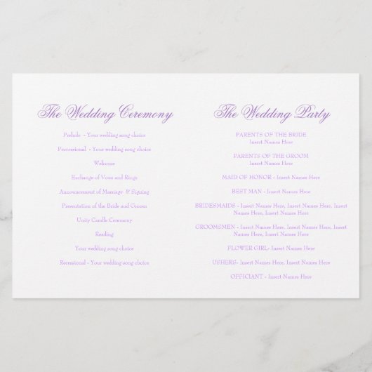 Deux colombes blanches violet programme de mariage (Dos)