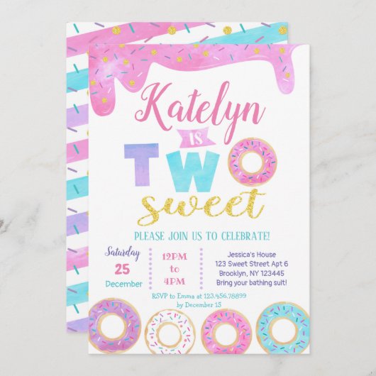 Deux Donut doux 2e Invitations d'anniversaire (Devant / Derrière)