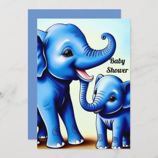 Deux éléphants bleus mignons invitation (Devant / Derrière)