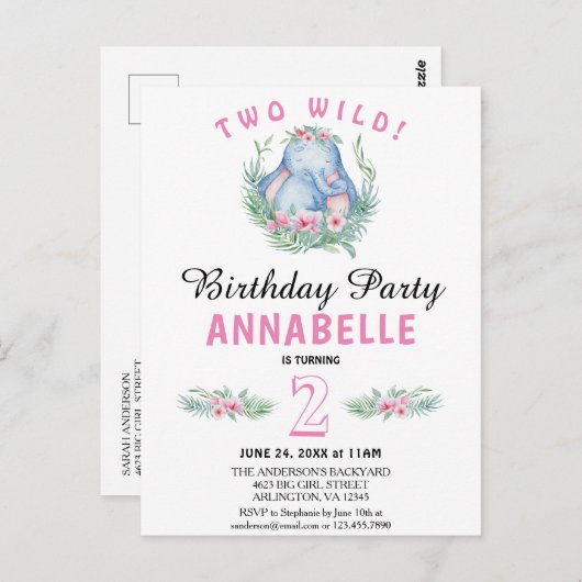 Deux éléphants tropicaux sauvages rose Invitation (Devant / Derrière)