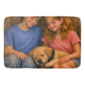 Deux Enfants avec Chiot Endormi – Tapis de Bain (Devant)