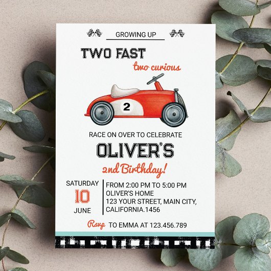 Deux Fast Race Car Boy 2e Invitation Anniversaire