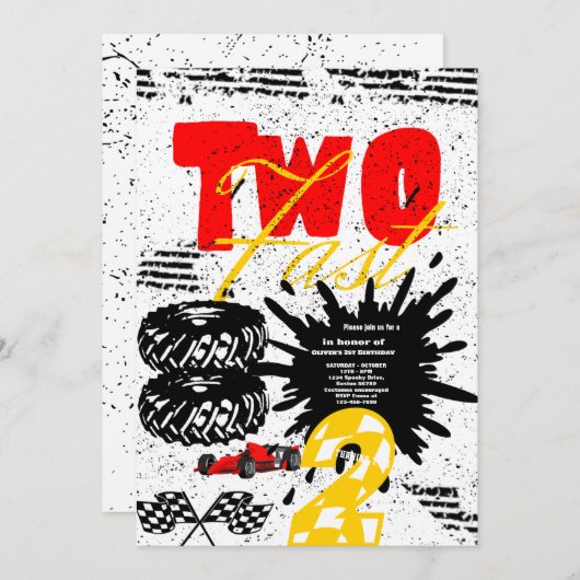 Deux Fast Race Car Boy 2e Invitation de fête d'ann (Devant / Derrière)