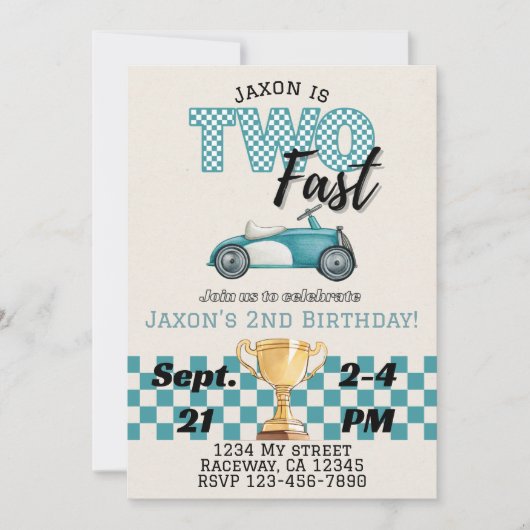 Deux Fast Racecar Thème Anniversaire Invitation (Devant)