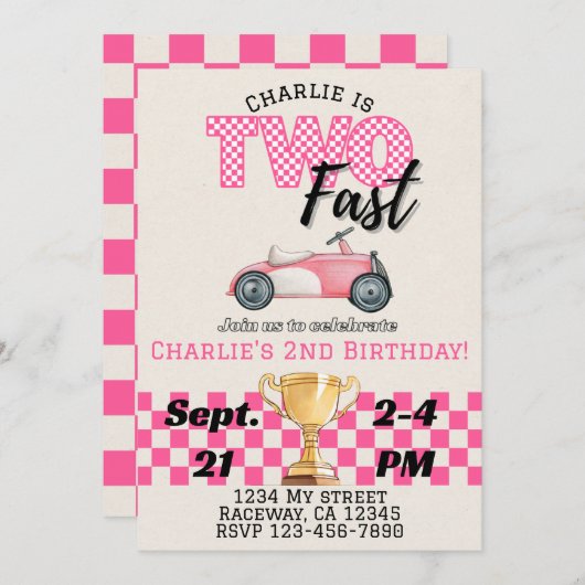 Deux Fast, Racecar Thème Anniversaire Invitation P (Devant / Derrière)