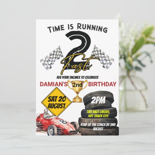 Deux Fast Racing Car 2nd Birthday Boy Invitation (Debout devant)