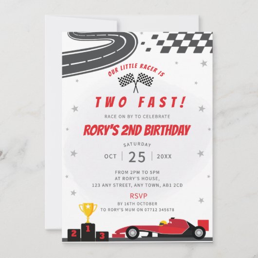 Deux Fast Red Racing Car 2e Invitation de fête d'a (Devant)