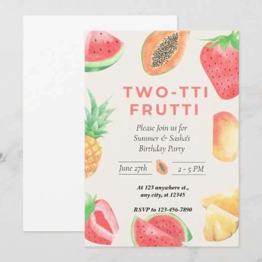 Deux Frutti TTI" 2e Invitation Twin Anniversaire (Devant / Derrière)