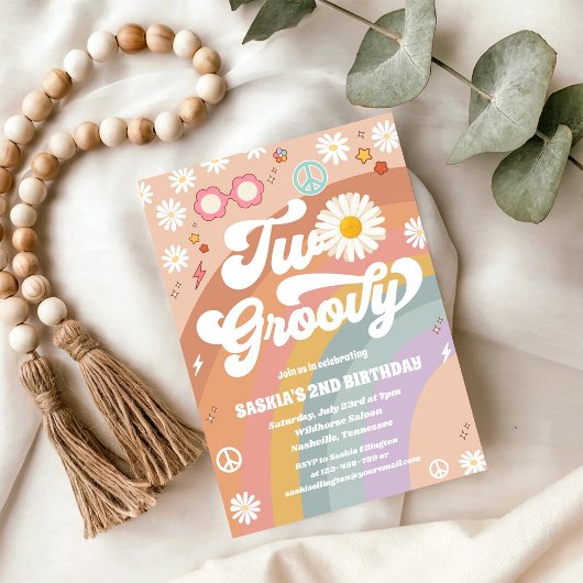 Deux Invitation Groovy Rétro Daisy 2ème Anniversai