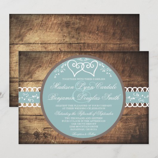 Deux invitations bleues en bois rustiques de (Devant / Derrière)