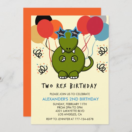 Deux invitations d'anniversaire rex Cute 2e dinomi (Devant / Derrière)