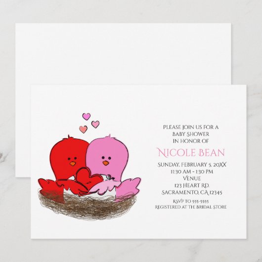 Deux invitations de baby shower pour oiseaux de la (Devant / Derrière)