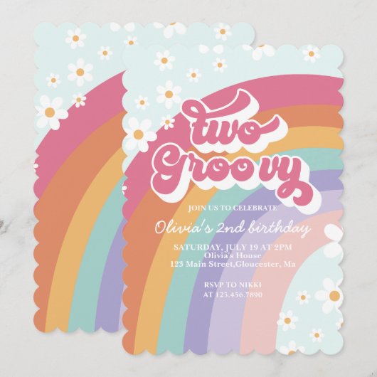Deux invitations groovy rétro arc-en-ciel pour un (Devant / Derrière)