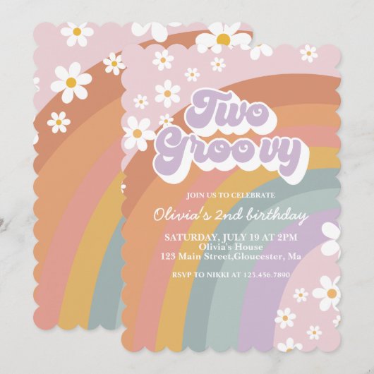 Deux invitations groovy rétro arc-en-ciel pour un  (Devant / Derrière)