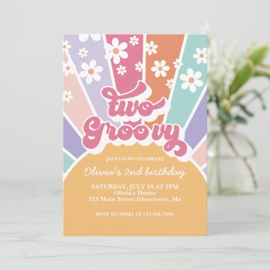Deux Invitations Groovy Sunshine Rainbow Daisy (Debout devant)