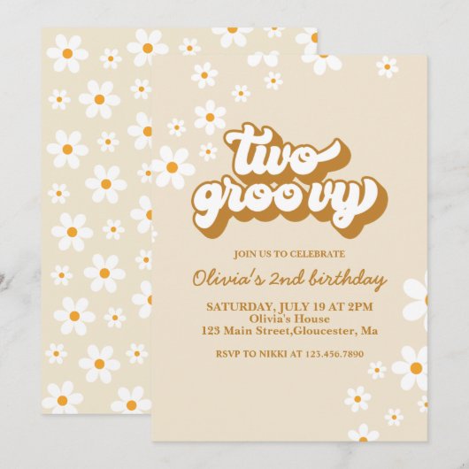 Deux invitations rétro groovy Daisy pour un 2ème a (Devant / Derrière)
