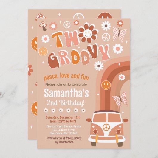 Deux invitations Super Boho Retro 2e anniversaire (Devant / Derrière)