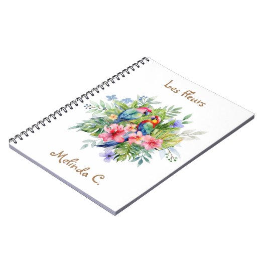 Deux joyeuses Macaws au Carnet de fleurs tropicale (Côté gauche)