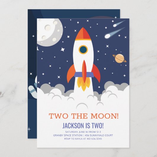 Deux la lune Rocket Ship Anniversaire Invitation (Devant / Derrière)