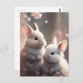Deux lapins mignons avec carte postale de fleurs d (Devant / Derrière)