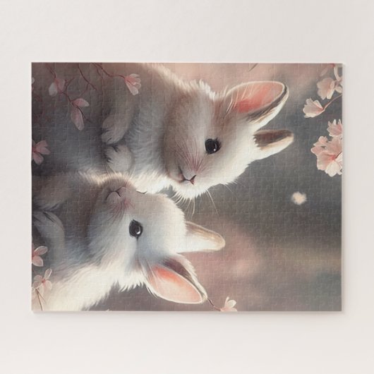 Deux lapins mignons avec Sakura Jigsaw Puzzle (Horizontal)