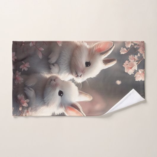 Deux lapins mignons avec serviette main sakura (Serviette à main)