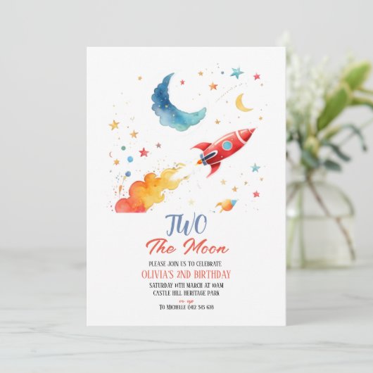 Deux Lune 2e Invitation Anniversaire Rocket & Star (Debout devant)