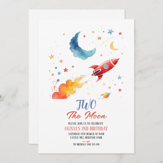 Deux Lune 2e Invitation Anniversaire Rocket & Star (Devant / Derrière)