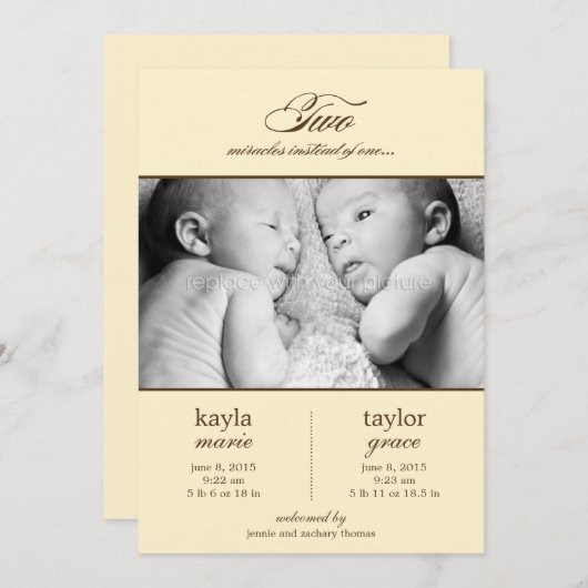 Deux Miracles Twins Faire-part de naissance - Crèm (Devant / Derrière)
