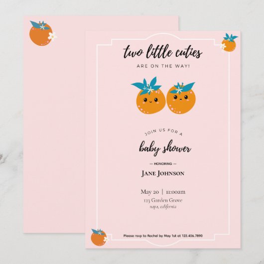 Deux petites cuties Twins Baby shower Invitation (Devant / Derrière)