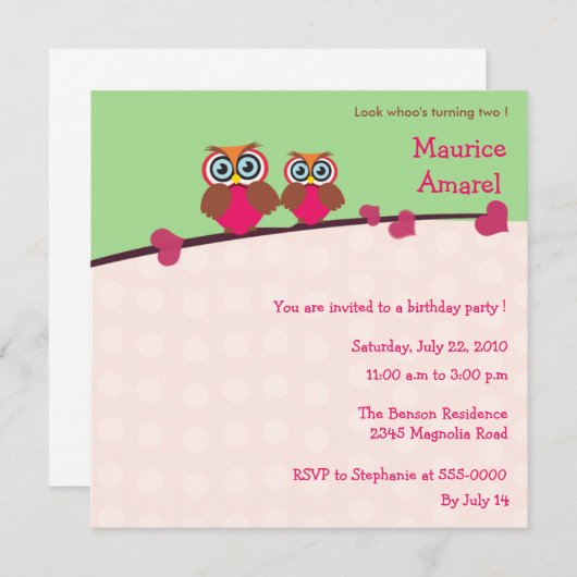 Deux Petits Chouettes - invitation de fête d'anniv (Devant / Derrière)