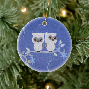 Deux petits hibou blancs ornement céramique
