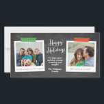 Deux Photo Washi Tape Chalkboard Carte photo de va<br><div class="desc">Cette carte de vacances de Noël à la mode et économique comprend deux de vos photos préférées dans des cadres de style avec ruban lavi à motifs dans joyeux rouge et vert contre un arrière - plan de tableau noir. N'oubliez pas de personnaliser avec vos propres légendes photo, le texte...</div>