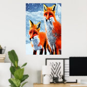 Deux renards rouges dans la neige | AI Art Poster (Bureau à domicile)